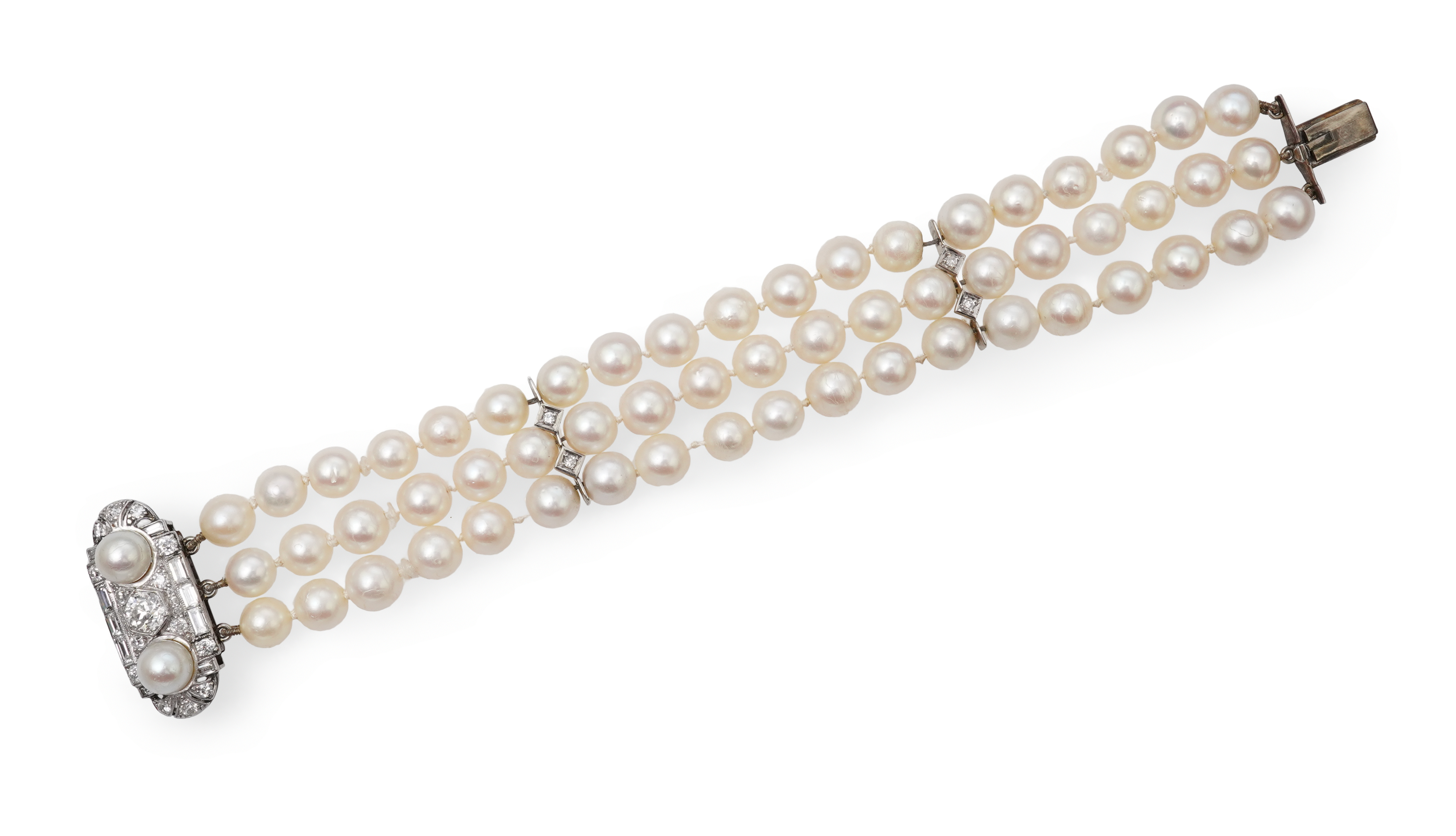 An Art Deco cultured pearl, pearl and diamond bracelet, 1930s and later